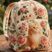 Orange Cat & Pink Rose Quilted Backpack